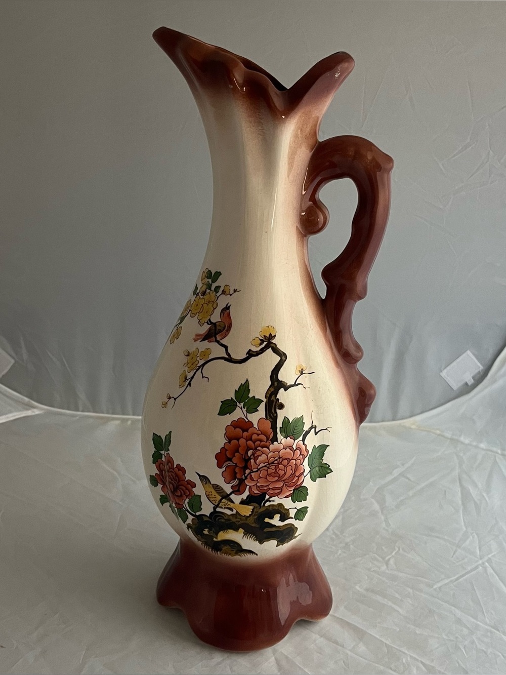Vintage Handpainted Large Porcelain Ombre Pitcher Floral Bird 14.5x5”